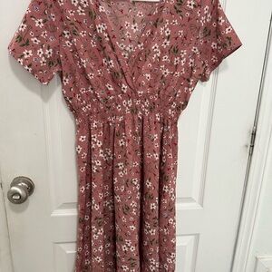 SHEIN Dusty Rose Floral V-Neck Smocked Midi Dress